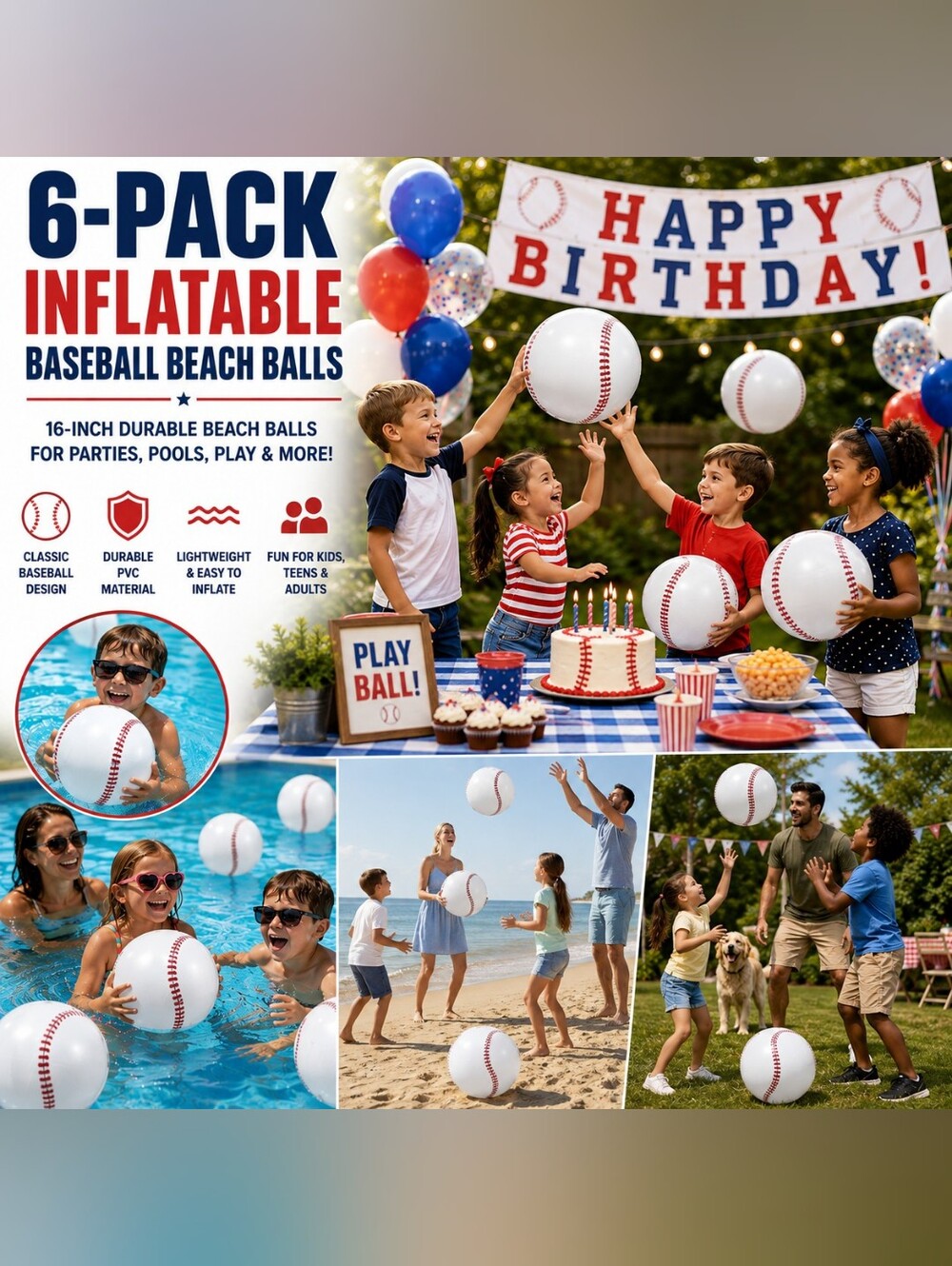🍎 6-Pack Inflatable Baseball Beach Balls 16" Pool Party Toys Favors Birthday